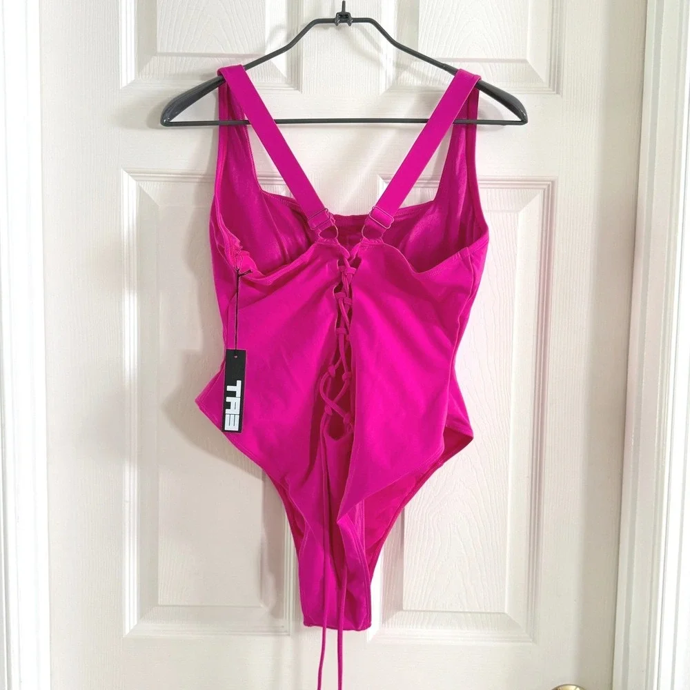 TA3 Hi Cut Squarey‎ One Piece Swimsuit Pink Sculpting Lace Up Back 2X Short 3.0